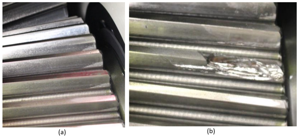 Examples of early stage and catastrophic gearing damages.