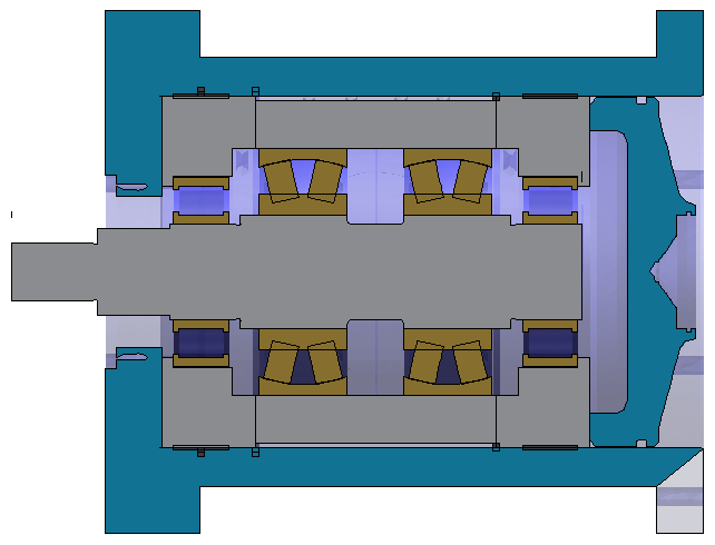 Figure 2: Setup in Workbench including the test rig housing, tooling, and bearings. Shaft bending depends on the arrangement of the bearings and the diameters of the shaft.